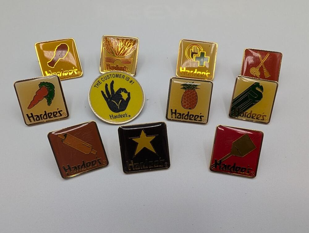 Vintage Hardee's Fast Food Restaurant Employee Pins Lot of 10 Collectible